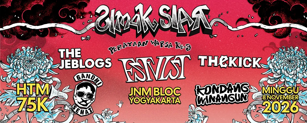 Poster resmi Simak Siar Vol. 36 Perayaan Warsa Ke-3 bersama FSTVLST, The Jeblogs, The Kick, Gandhi Sehat, dan Kondang Winangun, Minggu 8 November 2026 di JNM Bloc Yogyakarta, HTM 75K